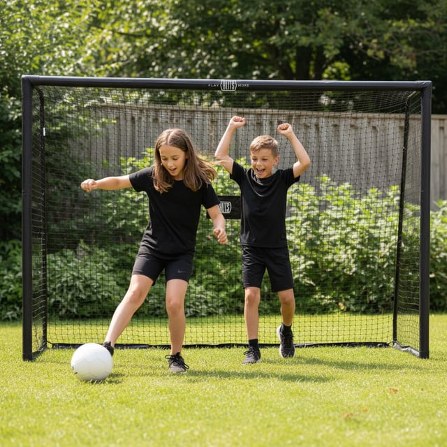 Blits voetbaldoel met spelende kinderen en voetbal