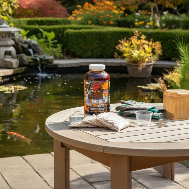 MICROBE-LIFT vijverbehandeling op tuintafel bij vijver met koi